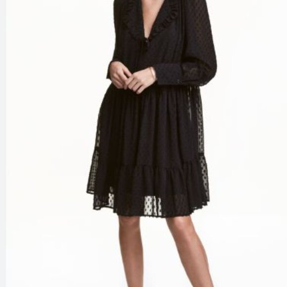 H&M Babydoll Dress SIZE 2 Black Sheer Swiss Dot Ruffle Collar Tie Neck T… - Picture 2 of 11